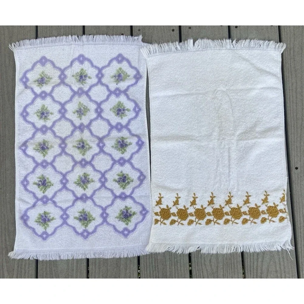 VTG 70s Floral Bath Towel Set Cannon Fieldcrest Dundee  USA Cotton Fringe MCM